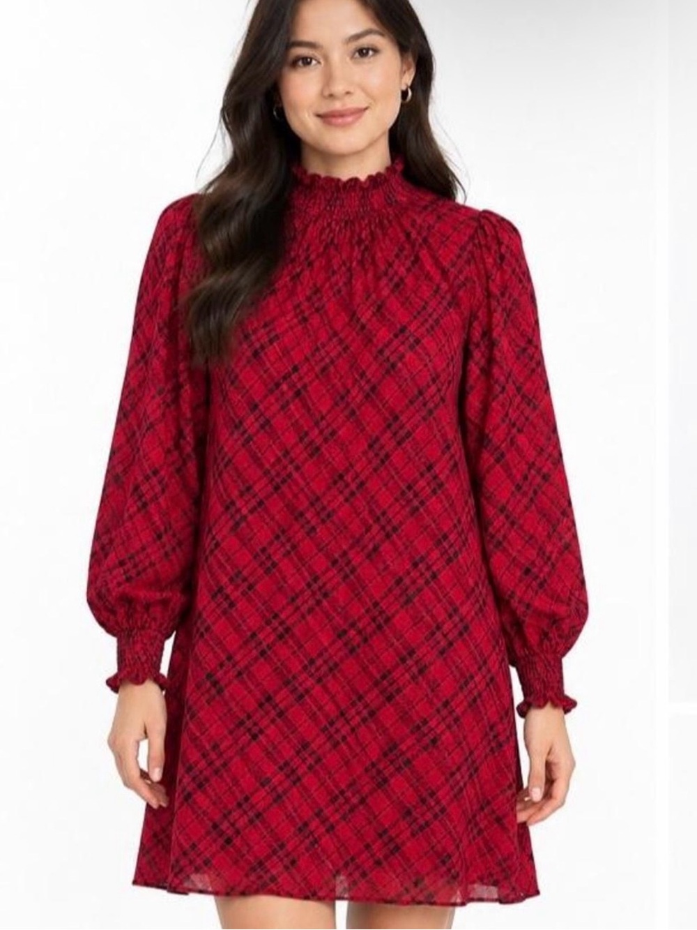 Tommy Hilfiger Red Plaid Smocked Neck Long-Sleeve A-Line Dress